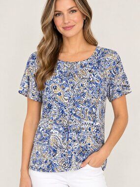 Rafaella Blue and Gold Paisley Short Sleeve Tee Size Large